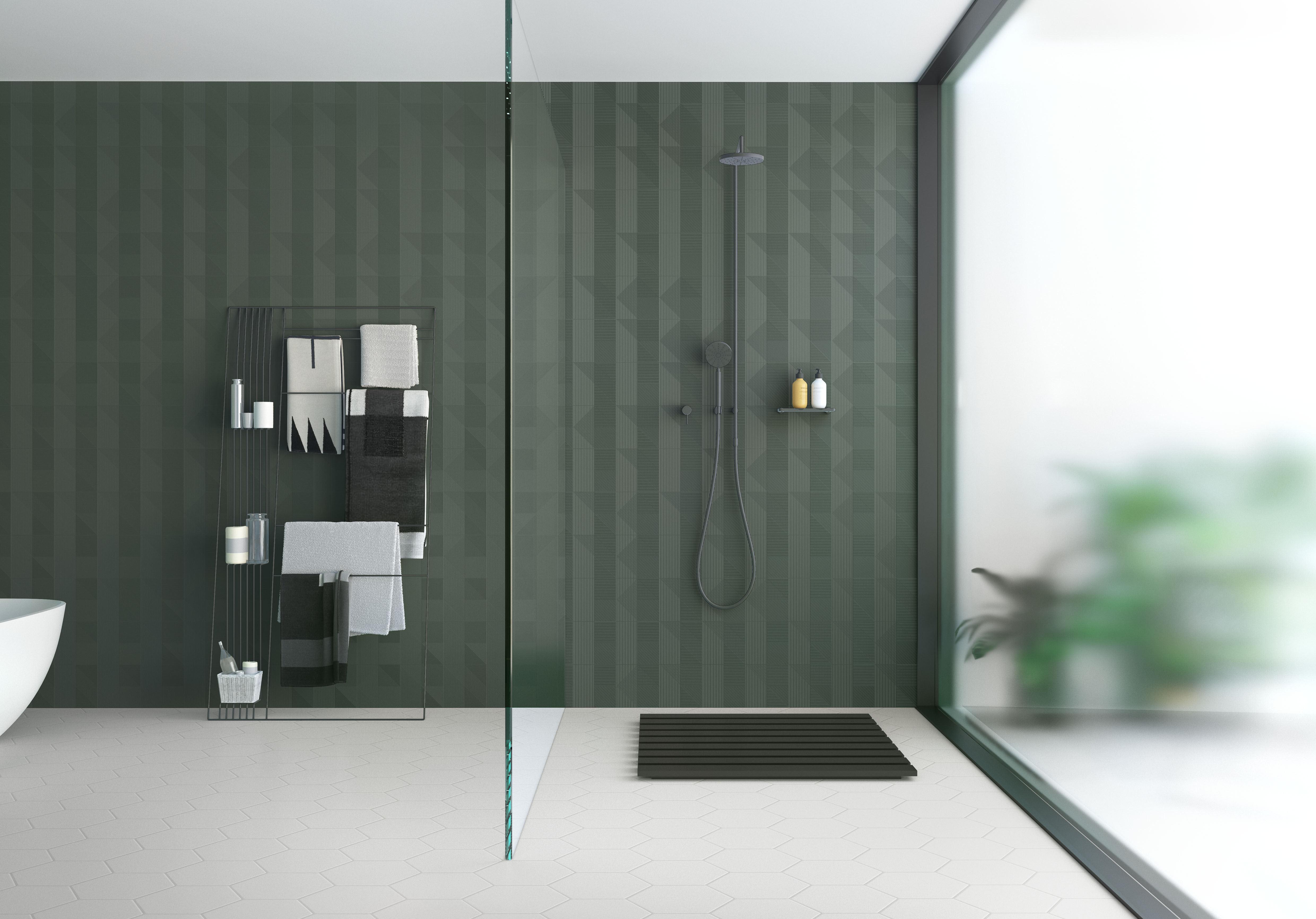 A bathroom whose star feature are its textured wall tiles, designed by Yonoh for Harmony. 